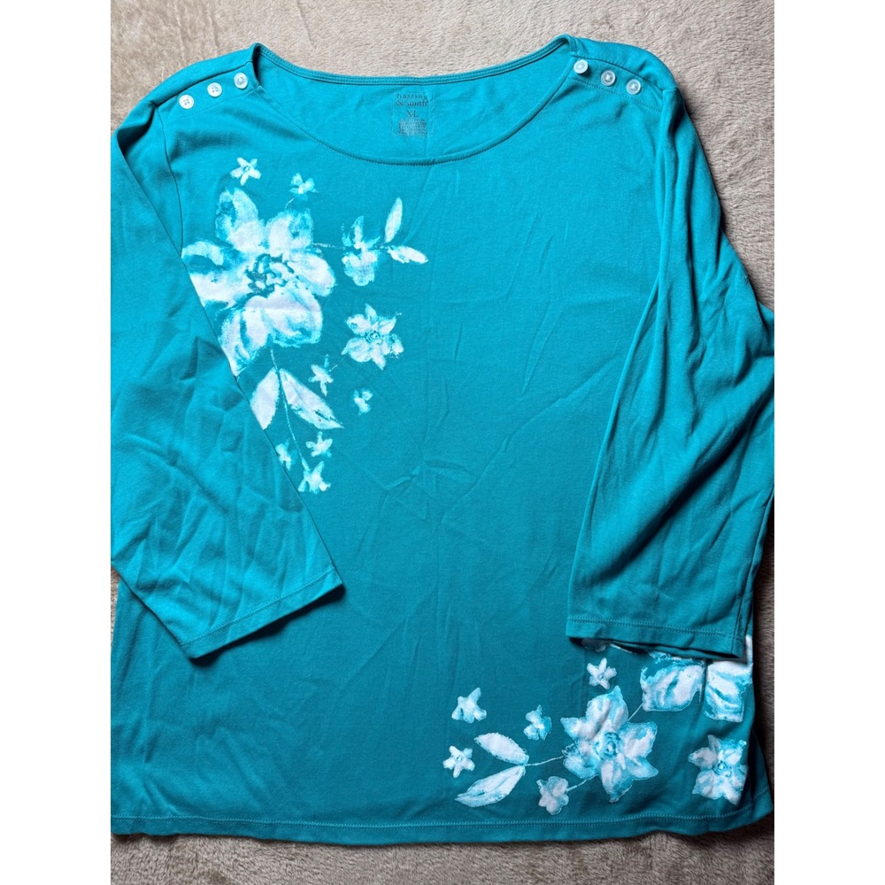 Hasting & Smith Teal Blue Floral 3/4 Sleeve Boat Neck Button Top XL Womens Basic
